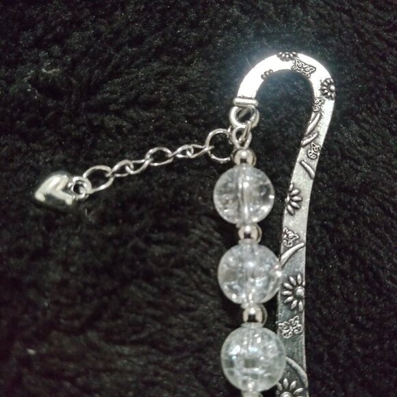 Secret Love Crystal Bead Metal Bookmark Silver Floral Engraved Hook - Picture 5 of 7